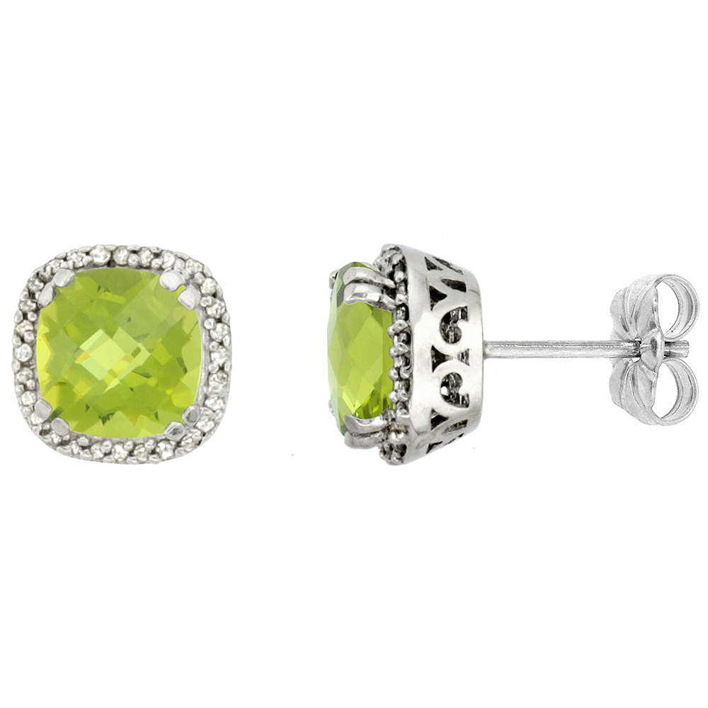 10k White Gold Diamond Halo Natural Peridot Stud Earrings Cushion Shaped 7x7 mm