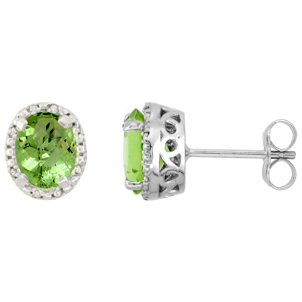 10K White Gold Diamond Halo Natural Peridot Stud Earrings Oval 7x5 mm