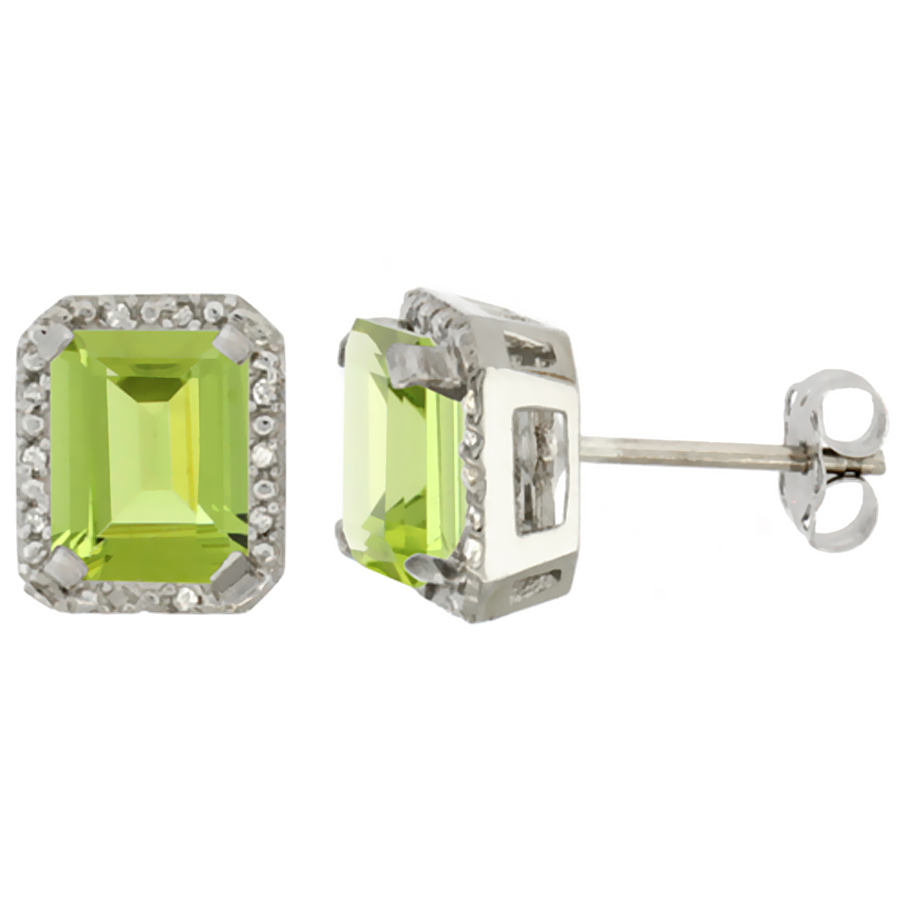 10K White Gold Diamond Natural Peridot Earrings Octagon 8x6 mm