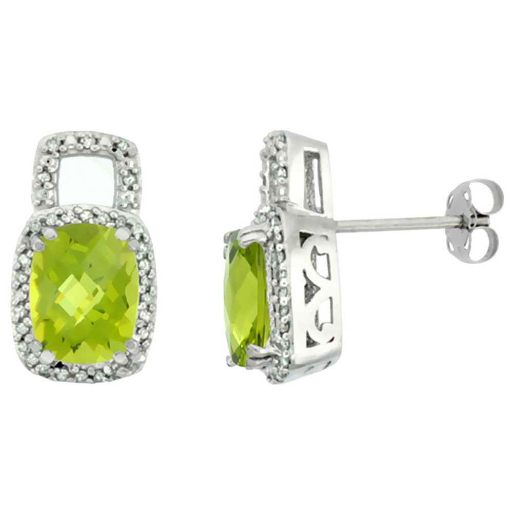 10K WHITE GOLD DIAMOND NATURAL PERIDOT EARRINGS OCTAGON CUSHION 8X6 MM