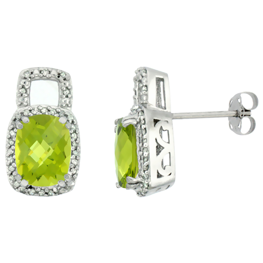 10K White Gold Diamond Natural Peridot Earrings Octagon Cushion 8x6 mm