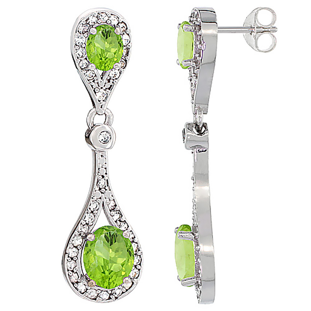10K WHITE GOLD NATURAL PERIDOT OVAL DANGLING EARRINGS WHITE SAPPHIRE & DIAMOND ACCENTS, 1 3/8 INCHES LONG