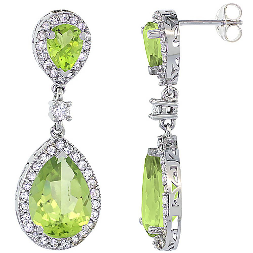 10K WHITE GOLD NATURAL PERIDOT TEARDROP EARRINGS WHITE SAPPHIRE & DIAMOND
