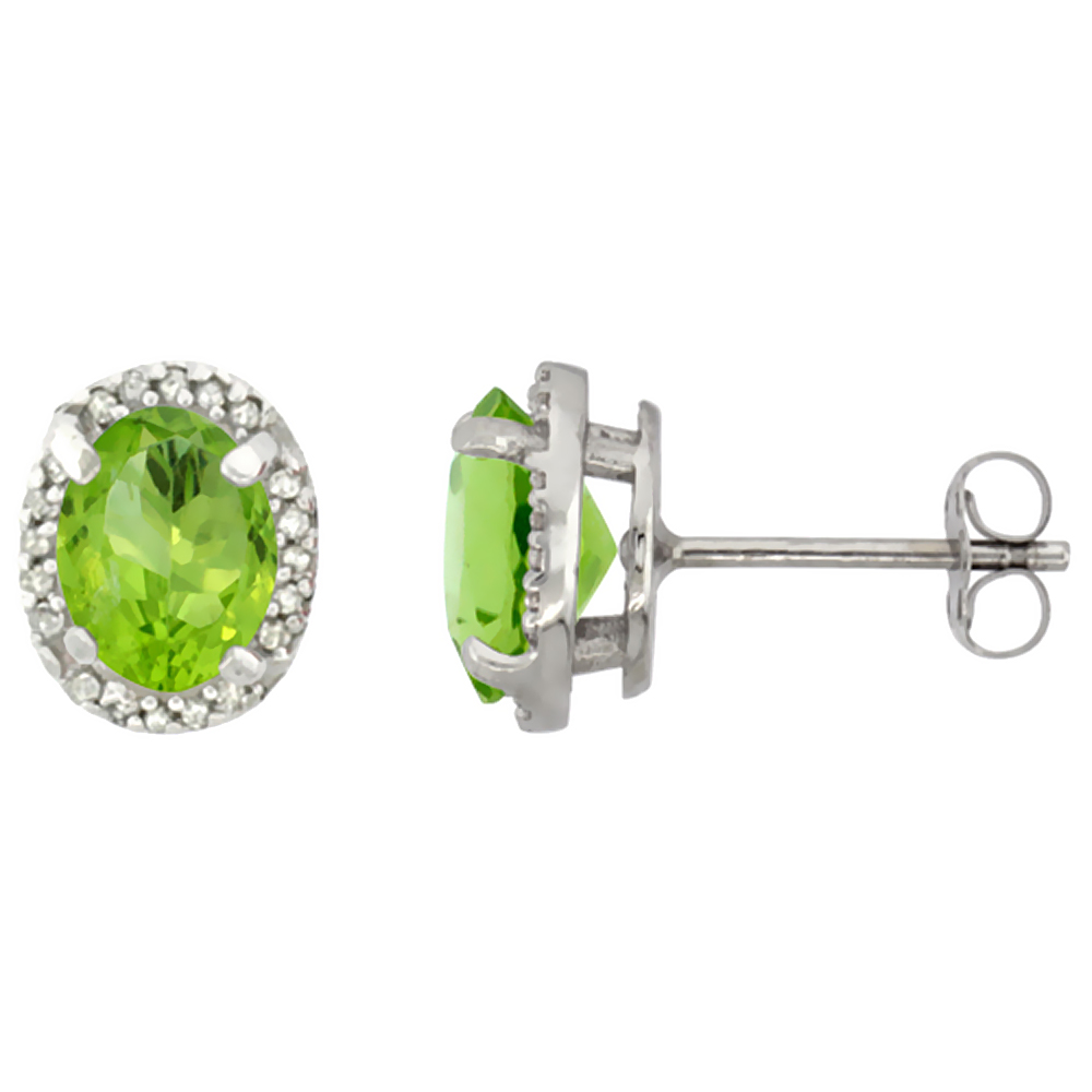 10K White Gold Diamond Natural Peridot Earrings Oval 7x5 mm