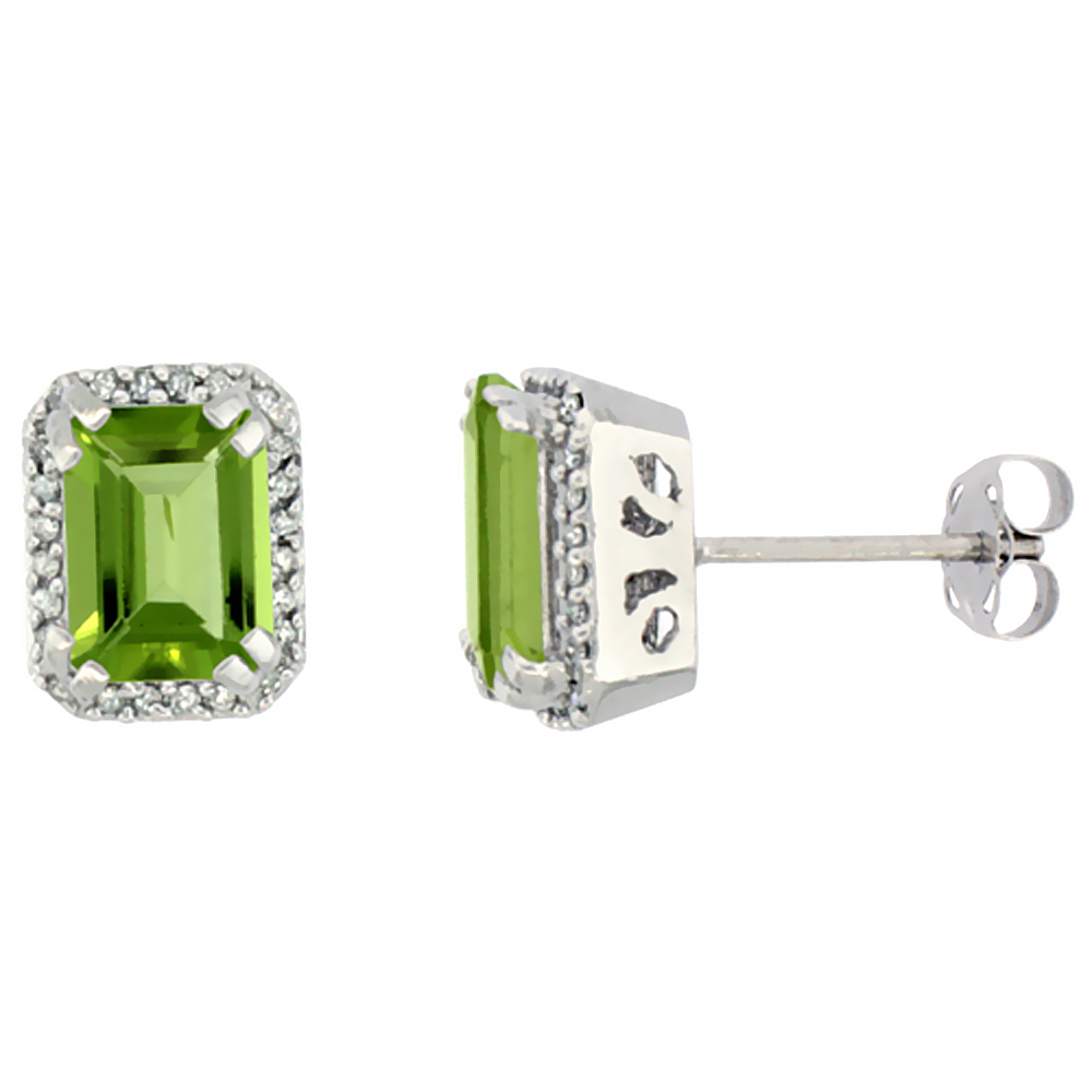 10K WHITE GOLD DIAMOND NATURAL PERIDOT EARRINGS OCTAGON 7X5 MM