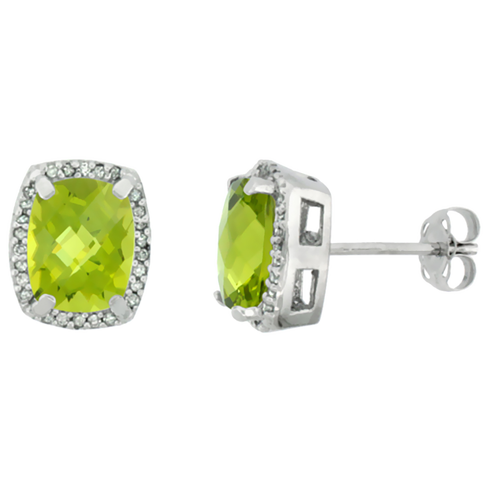 10K WHITE GOLD DIAMOND NATURAL PERIDOT EARRINGS OCTAGON CUSHION 8X6 MM