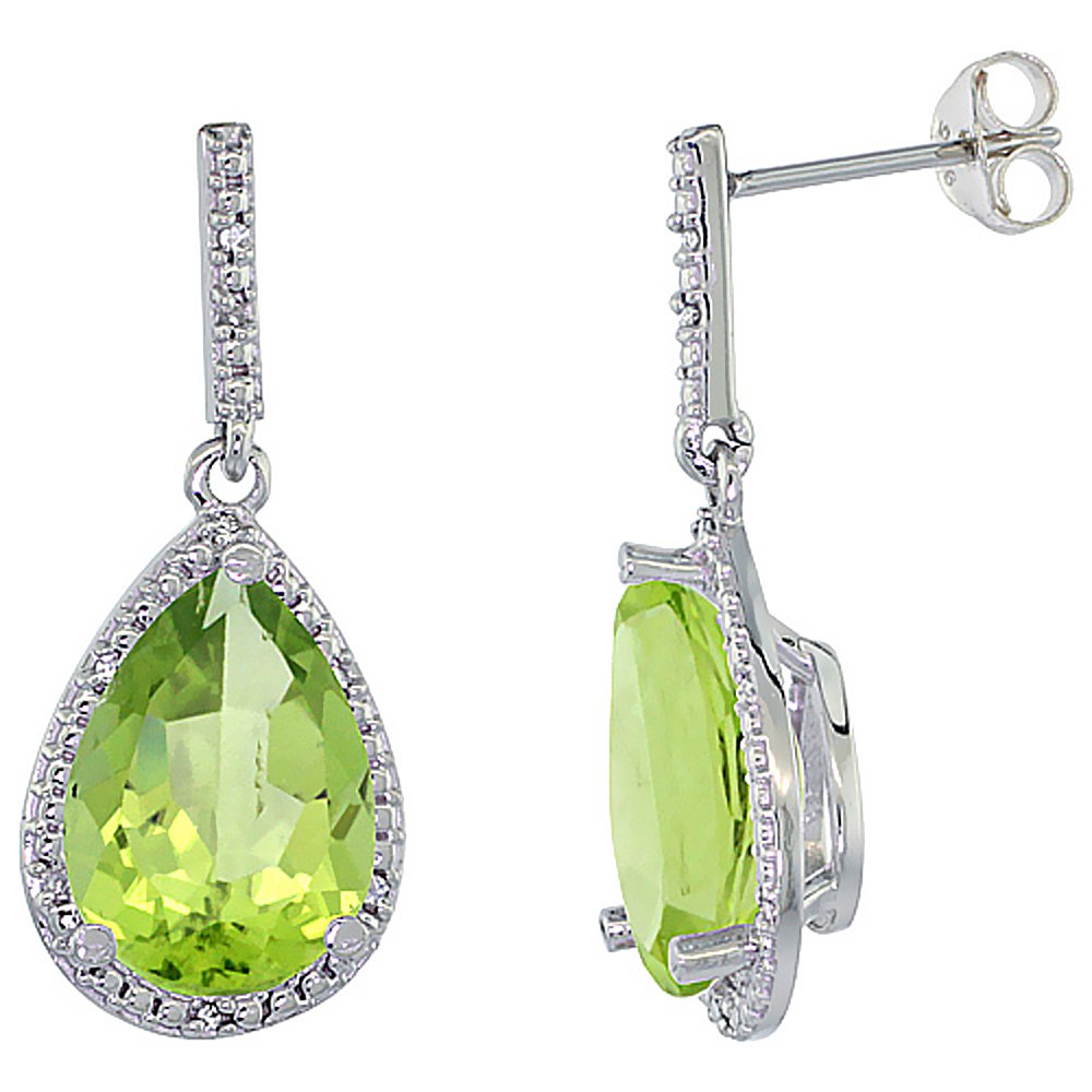 10K White Gold Diamond Halo Natural Peridot Dangle Earrings Pear Shaped 12x8 mm