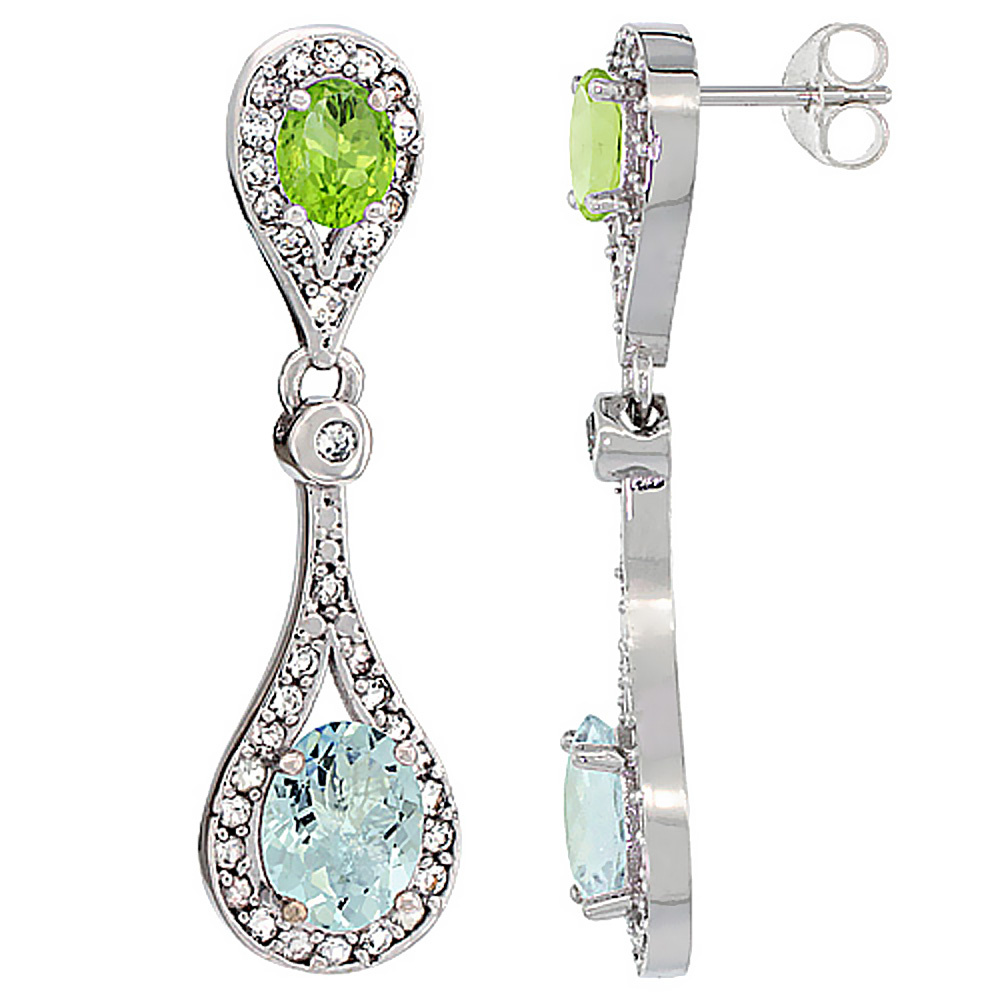 10K WHITE GOLD NATURAL AQUAMARINE & PERIDOT OVAL DANGLING EARRINGS WHITE SAPPHIRE & DIAMOND ACCENTS, 1 3/8 INCHES LONG