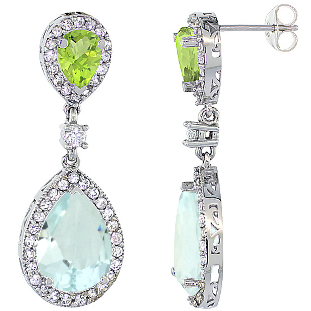 10K WHITE GOLD NATURAL AQUAMARINE & PERIDOT TEARDROP EARRINGS WHITE SAPPHIRE & DIAMOND
