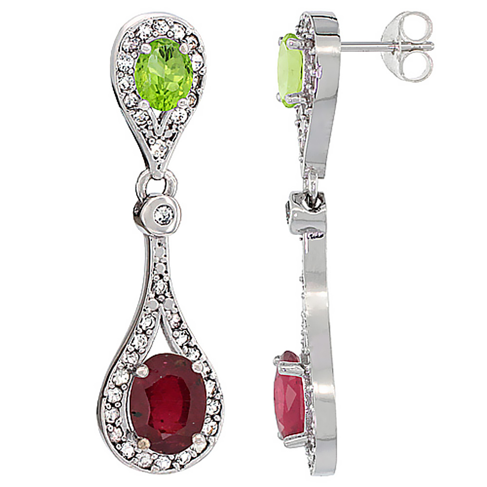 10K WHITE GOLD ENHANCED RUBY & PERIDOT OVAL DANGLING EARRINGS WHITE SAPPHIRE & DIAMOND ACCENTS, 1 3/8 INCHES LONG