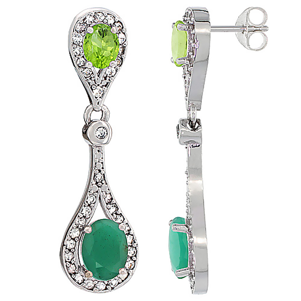 10K WHITE GOLD NATURAL EMERALD & PERIDOT OVAL DANGLING EARRINGS WHITE SAPPHIRE & DIAMOND ACCENTS, 1 3/8 INCHES LONG