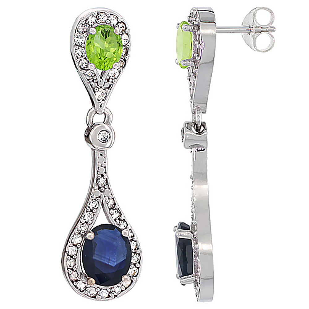 10K WHITE GOLD NATURAL BLUE SAPPHIRE & PERIDOT OVAL DANGLING EARRINGS WHITE SAPPHIRE & DIAMOND ACCENTS, 1 3/8 INCHES LONG