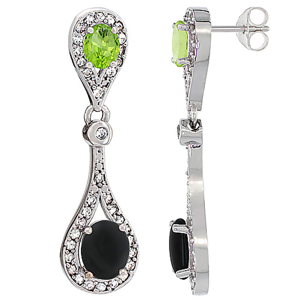 10K WHITE GOLD NATURAL BLACK ONYX & PERIDOT OVAL DANGLING EARRINGS WHITE SAPPHIRE & DIAMOND ACCENTS, 1 3/8 INCHES LONG