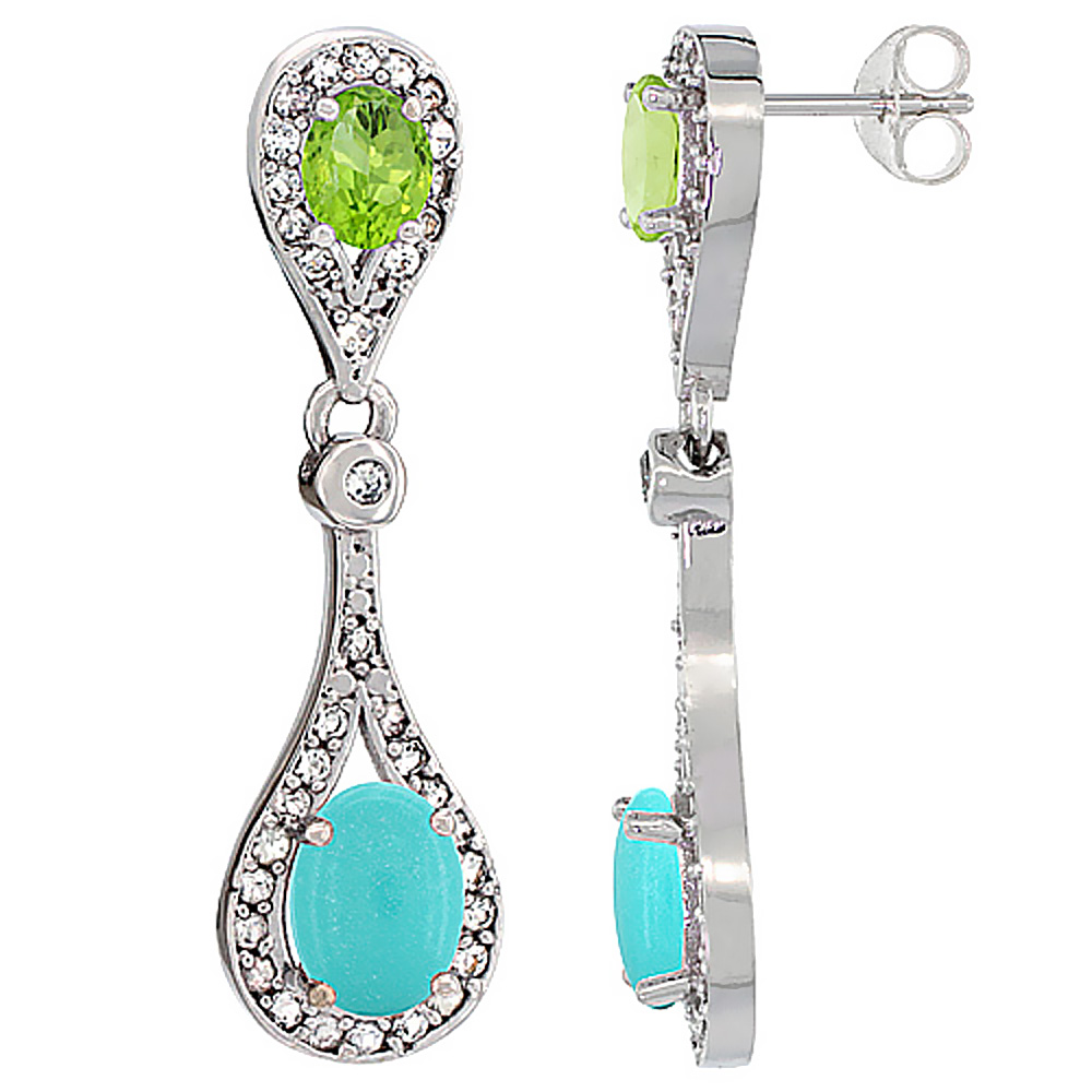 10K WHITE GOLD NATURAL TURQUOISE & PERIDOT OVAL DANGLING EARRINGS WHITE SAPPHIRE & DIAMOND ACCENTS, 1 3/8 INCHES LONG