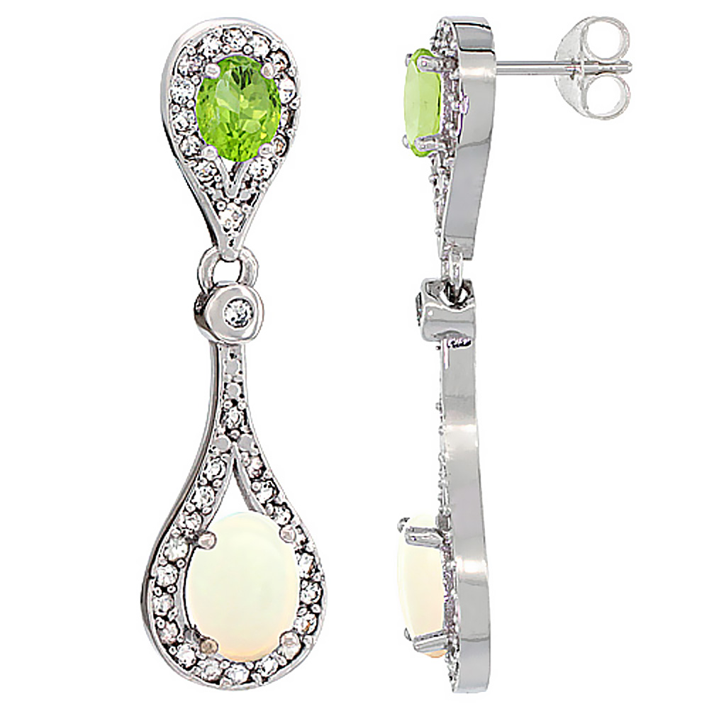 10K WHITE GOLD NATURAL OPAL & PERIDOT OVAL DANGLING EARRINGS WHITE SAPPHIRE & DIAMOND ACCENTS, 1 3/8 INCHES LONG