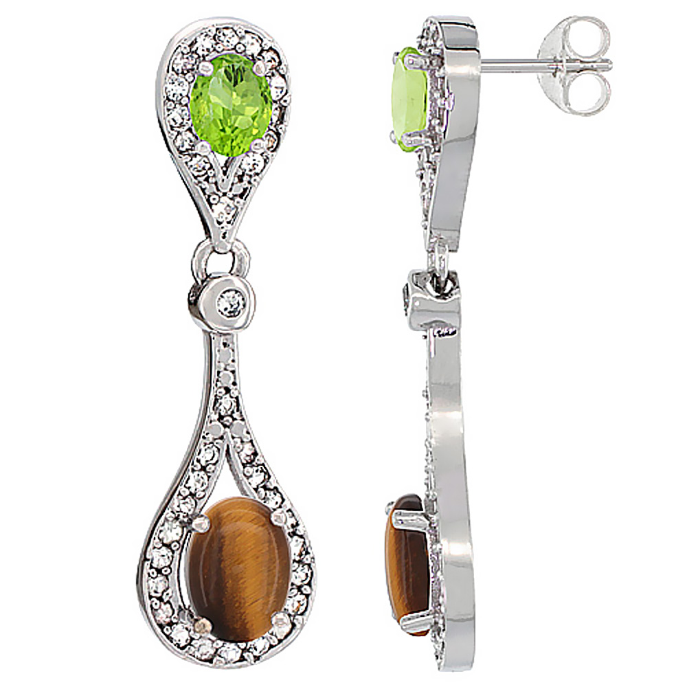 10K WHITE GOLD NATURAL TIGER EYE & PERIDOT OVAL DANGLING EARRINGS WHITE SAPPHIRE & DIAMOND ACCENTS, 1 3/8 INCHES LONG