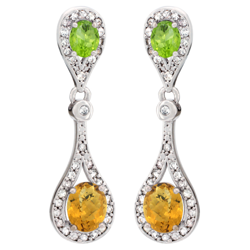 10K WHITE GOLD NATURAL WHISKY QUARTZ & PERIDOT OVAL DANGLING EARRINGS WHITE SAPPHIRE & DIAMOND ACCENTS, 1 3/8 INCHES LONG