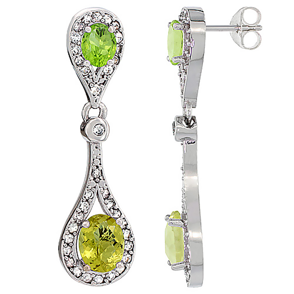 10K White Gold Natural Lemon Quartz & Peridot Oval Dangling Earrings White Sapphire & Diamond Accents, 1 3/8 inches long