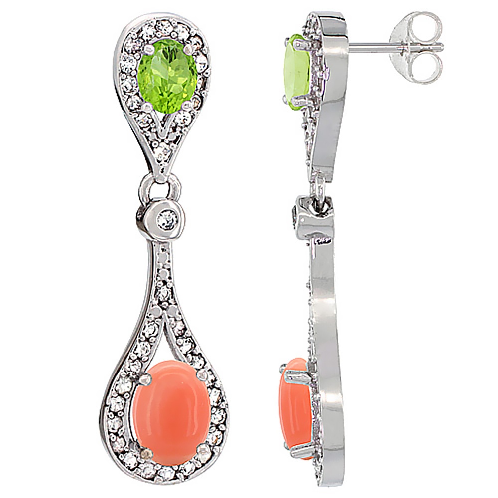 10K WHITE GOLD NATURAL CORAL & PERIDOT OVAL DANGLING EARRINGS WHITE SAPPHIRE & DIAMOND ACCENTS, 1 3/8 INCHES LONG