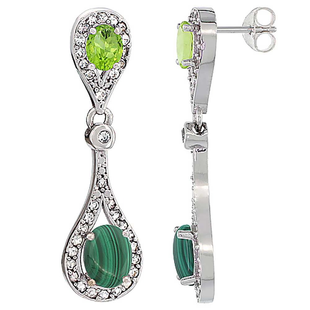 10K WHITE GOLD NATURAL MALACHITE & PERIDOT OVAL DANGLING EARRINGS WHITE SAPPHIRE & DIAMOND ACCENTS, 1 3/8 INCHES LONG