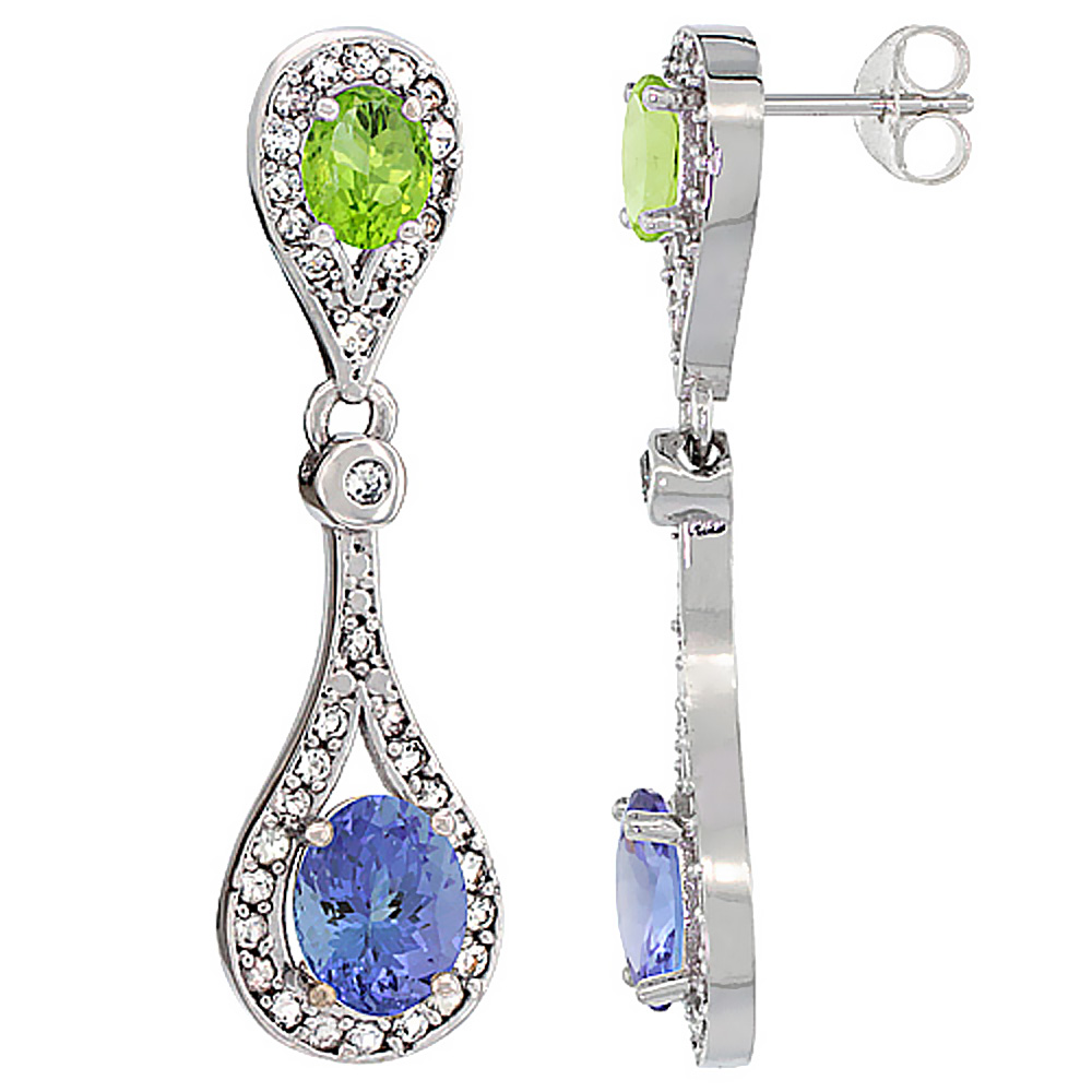 10K WHITE GOLD NATURAL TANZANITE & PERIDOT OVAL DANGLING EARRINGS WHITE SAPPHIRE & DIAMOND ACCENTS, 1 3/8 INCHES LONG