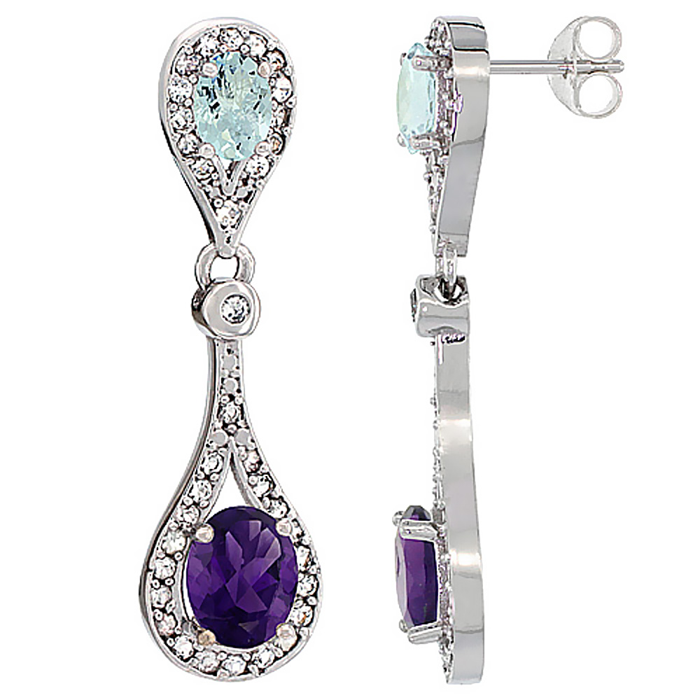 10K WHITE GOLD NATURAL AMETHYST & AQUAMARINE OVAL DANGLING EARRINGS WHITE SAPPHIRE & DIAMOND ACCENTS, 1 3/8 INCHES LONG