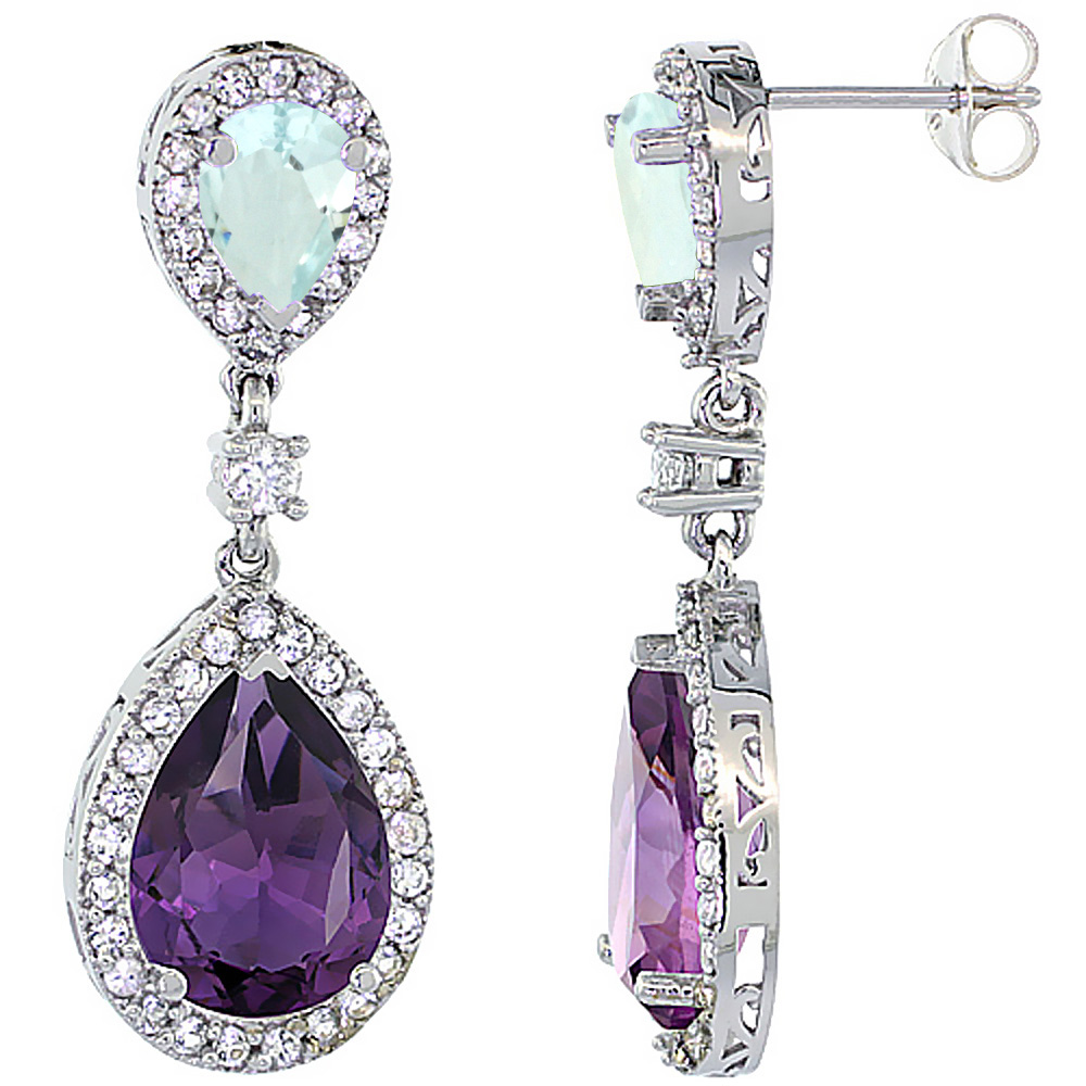 10K White Gold Natural Amethyst & Aquamarine Teardrop Earrings White Sapphire & Diamond