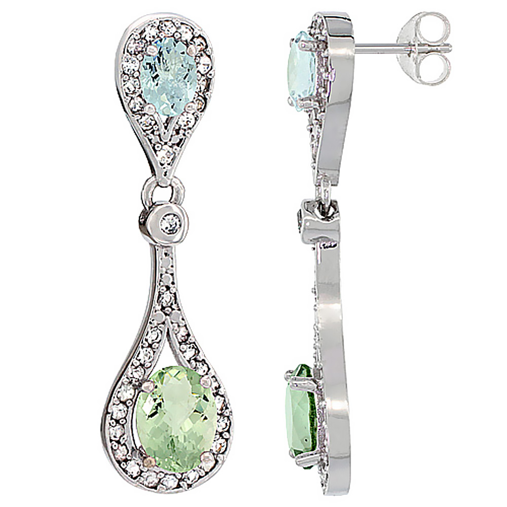 10K WHITE GOLD NATURAL GREEN AMETHYST & AQUAMARINE OVAL DANGLING EARRINGS WHITE SAPPHIRE & DIAMOND ACCENTS, 1 3/8 INCHES LONG