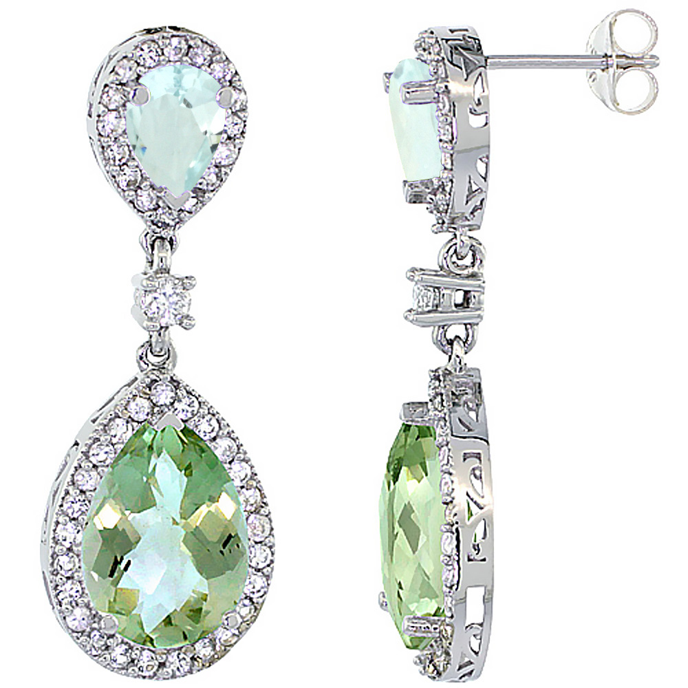 10K WHITE GOLD NATURAL GREEN AMETHYST & AQUAMARINE TEARDROP EARRINGS WHITE SAPPHIRE & DIAMOND