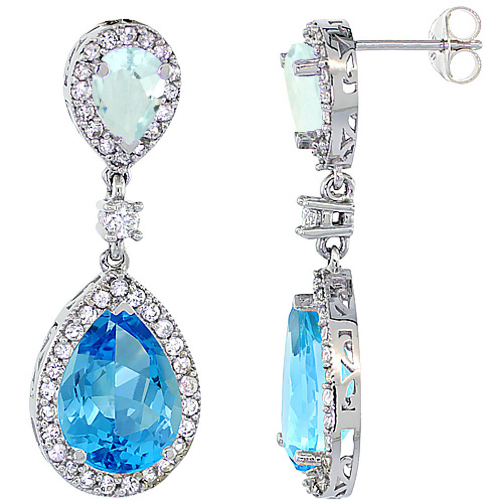 14K WHITE GOLD NATURAL SWISS BLUE TOPAZ & AQUAMARINE TEARDROP EARRINGS WHITE SAPPHIRE & DIAMOND