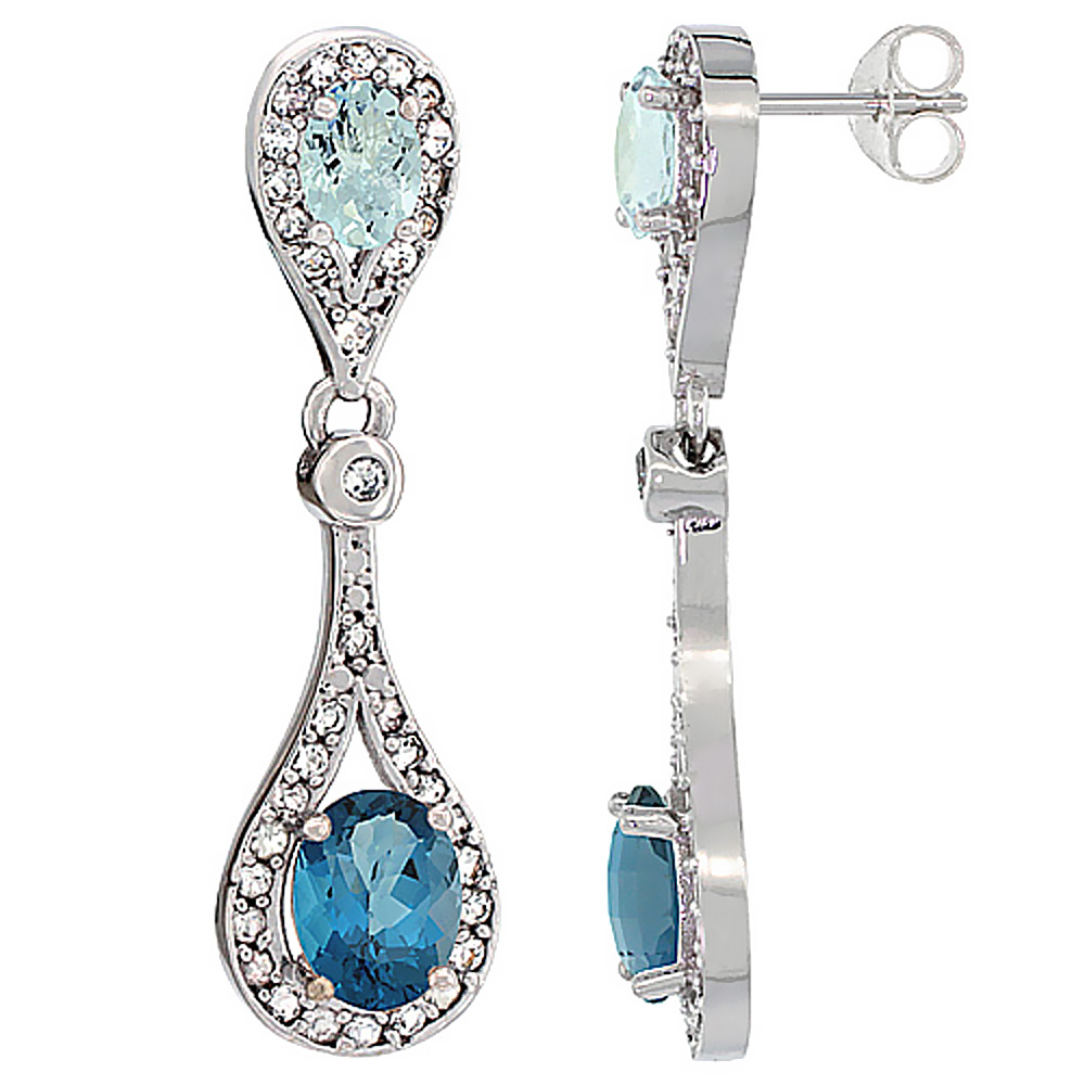 14K WHITE GOLD NATURAL LONDON BLUE TOPAZ & AQUAMARINE OVAL DANGLING EARRINGS WHITE SAPPHIRE & DIAMOND ACCENTS, 1 3/8 INCHES LONG