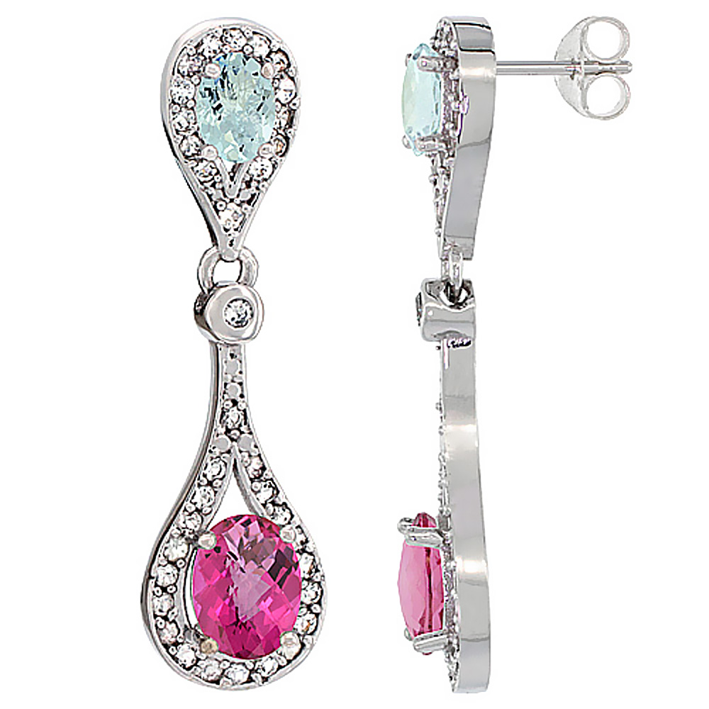 14K WHITE GOLD NATURAL PINK TOPAZ & AQUAMARINE OVAL DANGLING EARRINGS WHITE SAPPHIRE & DIAMOND ACCENTS, 1 3/8 INCHES LONG