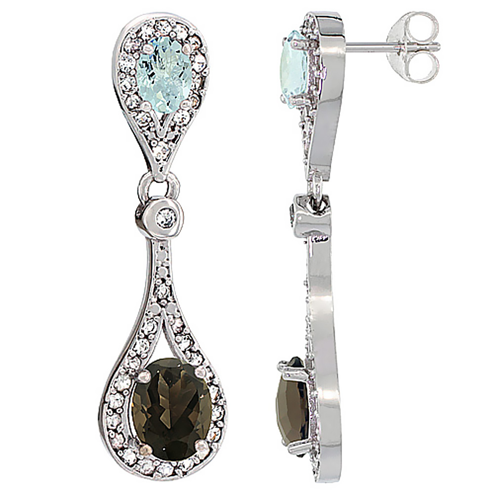 14K WHITE GOLD NATURAL SMOKY TOPAZ & AQUAMARINE OVAL DANGLING EARRINGS WHITE SAPPHIRE & DIAMOND ACCENTS, 1 3/8 INCHES LONG