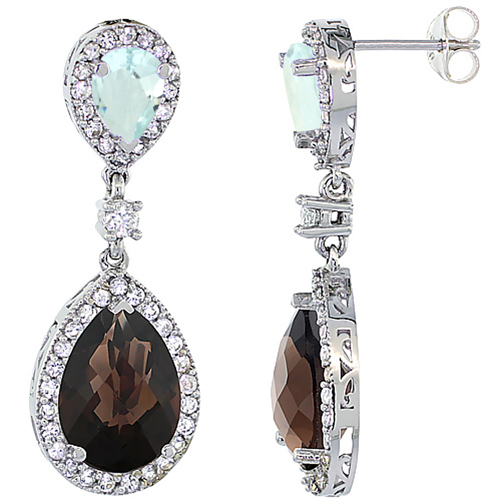14K WHITE GOLD NATURAL SMOKY TOPAZ & AQUAMARINE TEARDROP EARRINGS WHITE SAPPHIRE & DIAMOND