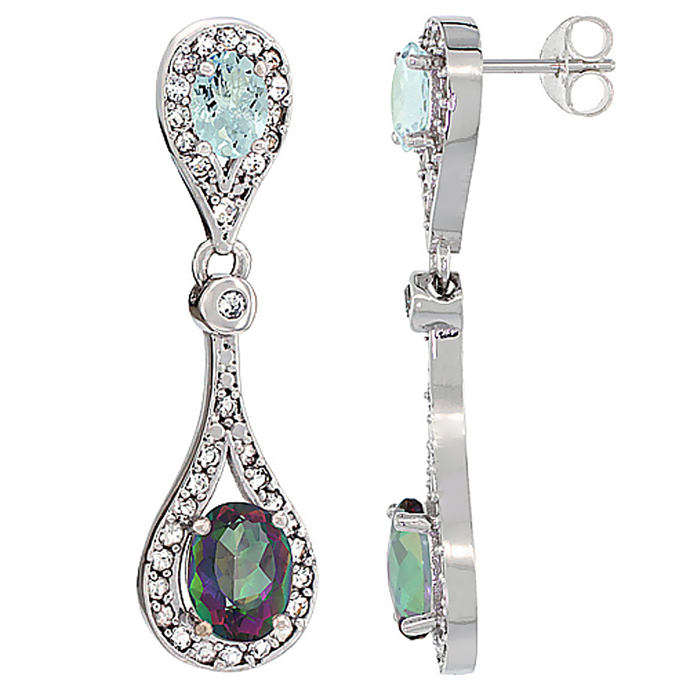 14K WHITE GOLD NATURAL MYSTIC TOPAZ & AQUAMARINE OVAL DANGLING EARRINGS WHITE SAPPHIRE & DIAMOND ACCENTS, 1 3/8 INCHES LONG