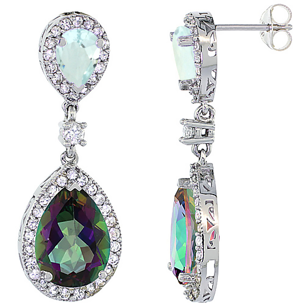 14K WHITE GOLD NATURAL MYSTIC TOPAZ & AQUAMARINE TEARDROP EARRINGS WHITE SAPPHIRE & DIAMOND
