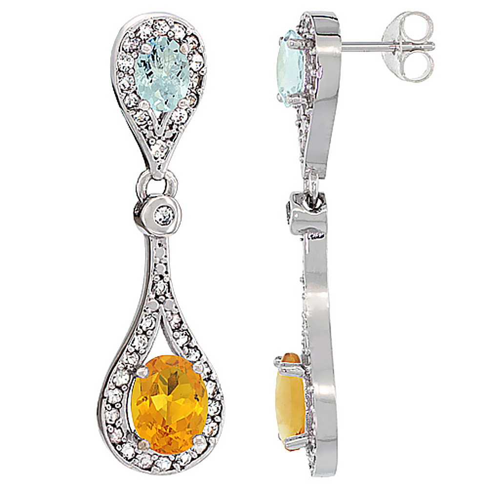 14K WHITE GOLD NATURAL CITRINE & AQUAMARINE OVAL DANGLING EARRINGS WHITE SAPPHIRE & DIAMOND ACCENTS, 1 3/8 INCHES LONG