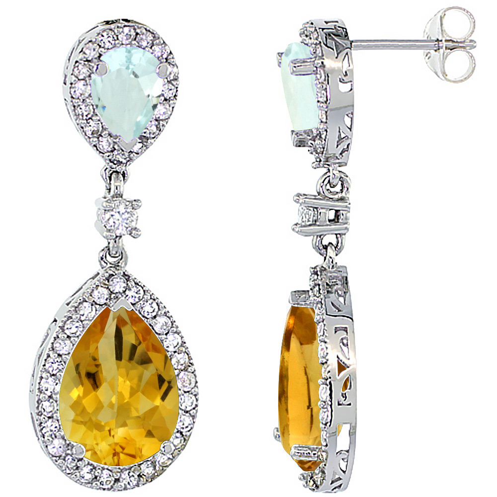 14K White Gold Natural Citrine &amp; Aquamarine Teardrop Earrings White Sapphire &amp; Diamond