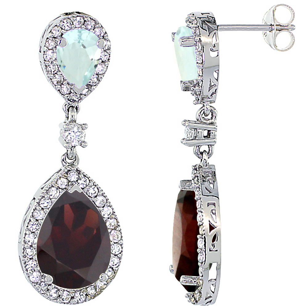 10K White Gold Natural Garnet & Aquamarine Teardrop Earrings White Sapphire & Diamond