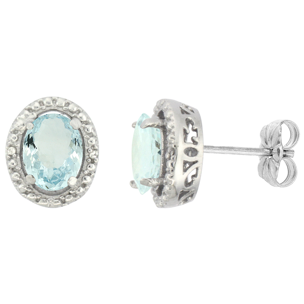 10K White Gold 0.01 cttw Diamond Natural Aquamarine Post Earrings Oval 7x5 mm