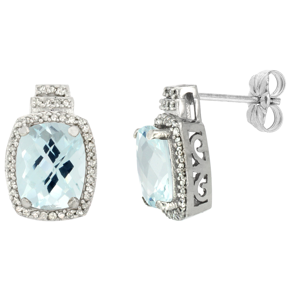 10K WHITE GOLD 0.29 CTTW DIAMOND NATURAL AQUAMARINE EARRINGS OCTAGON CUSHION 8X6 MM
