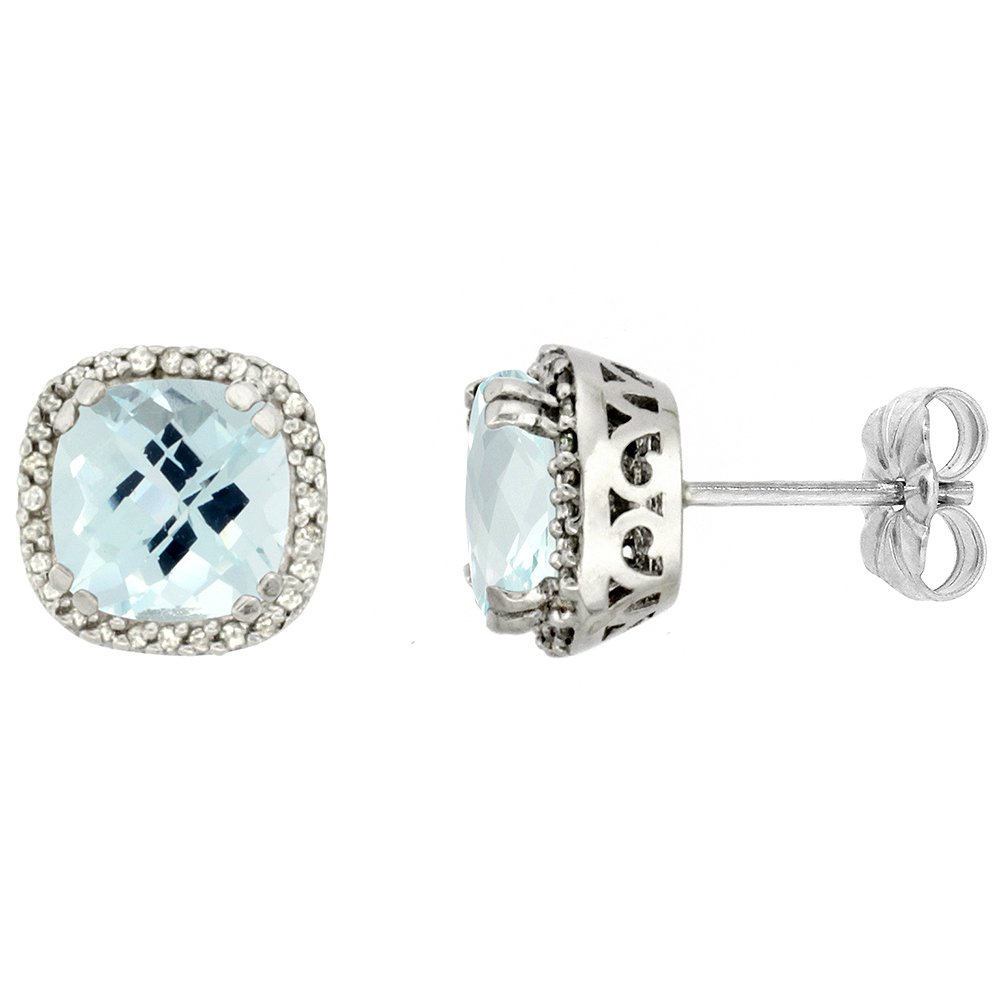 10K WHITE GOLD DIAMOND HALO NATURAL AQUAMARINE STUD EARRINGS CUSHION SHAPED 7X7 MM