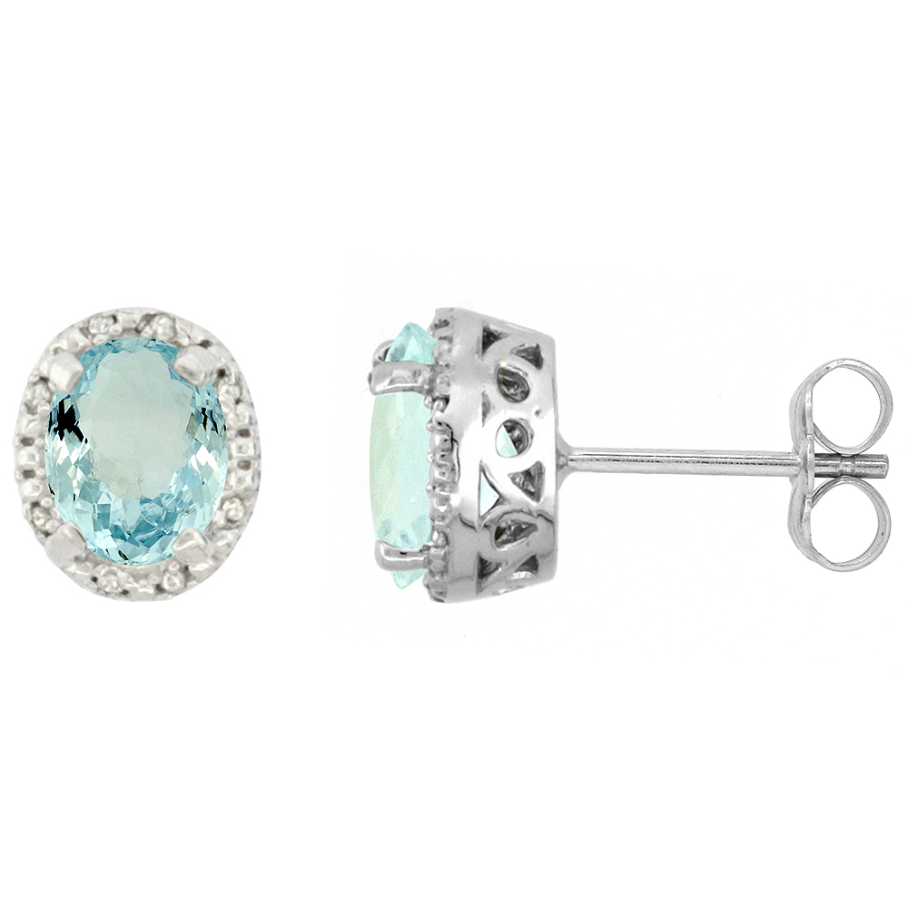 10K WHITE GOLD DIAMOND HALO NATURAL AQUAMARINE STUD EARRINGS OVAL 7X5 MM