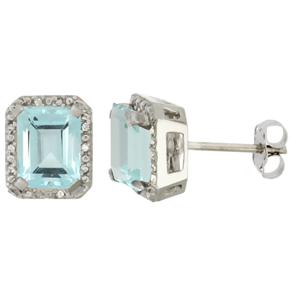 10K White Gold Diamond Natural Aquamarine Earrings Octagon 8x6 mm