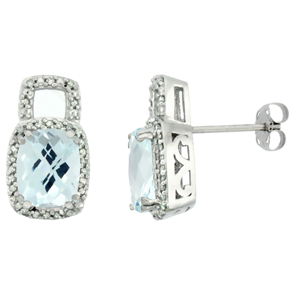 10K WHITE GOLD DIAMOND NATURAL AQUAMARINE EARRINGS OCTAGON CUSHION 8X6 MM