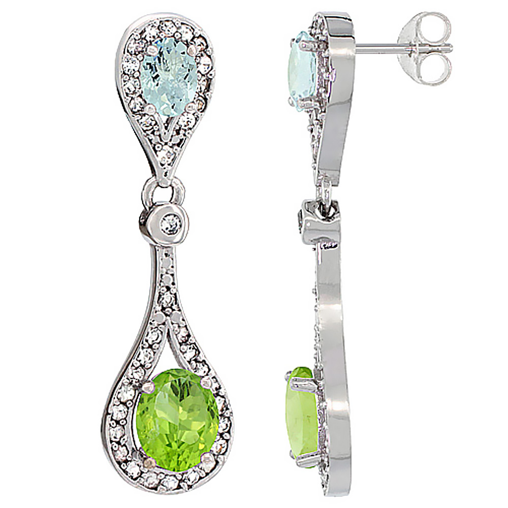 14K WHITE GOLD NATURAL PERIDOT & AQUAMARINE OVAL DANGLING EARRINGS WHITE SAPPHIRE & DIAMOND ACCENTS, 1 3/8 INCHES LONG