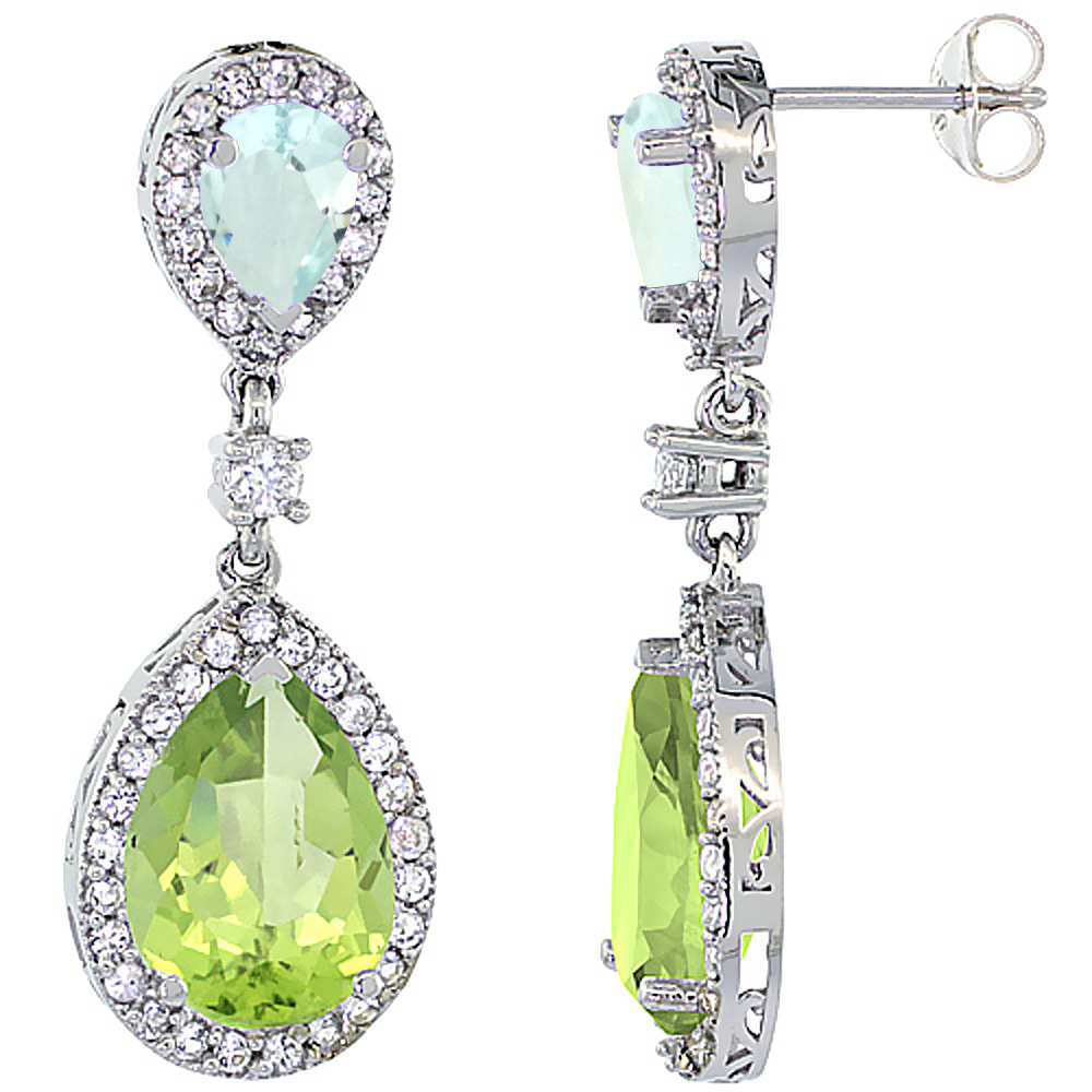 10K White Gold Natural Peridot & Aquamarine Teardrop Earrings White Sapphire & Diamond