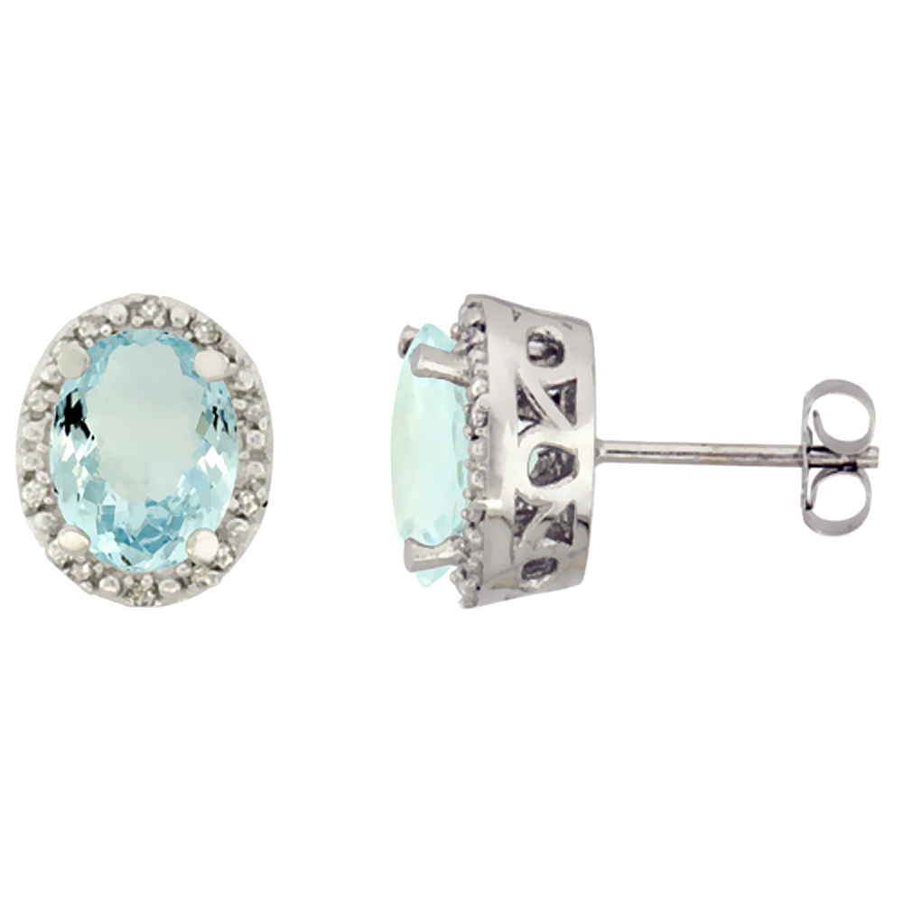 10K WHITE GOLD GENUINE AQUAMARINE STUD EARRINGS DIAMOND HALO OVAL 8X6 MM