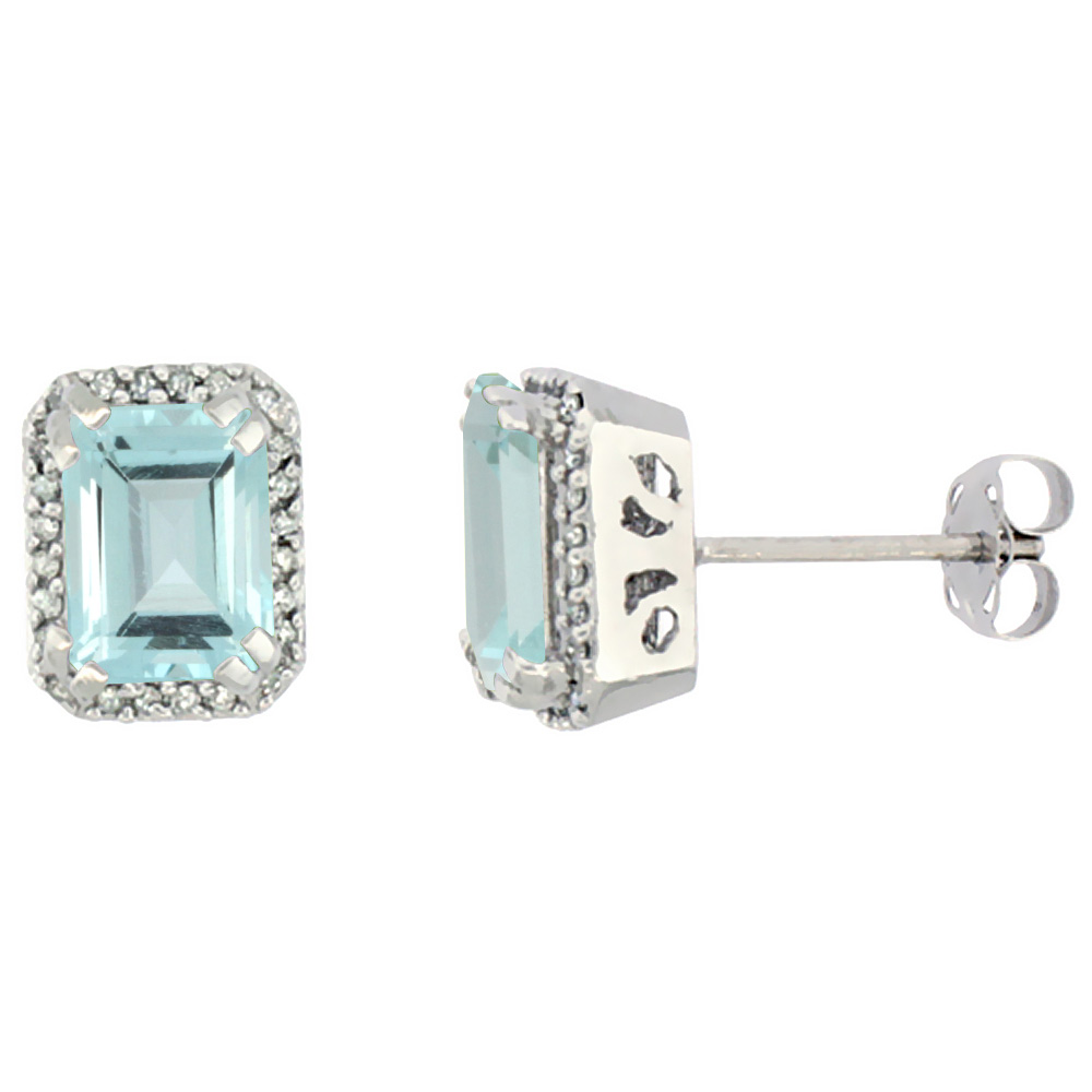 10K White Gold Diamond Natural Aquamarine Earrings Octagon 7x5 mm