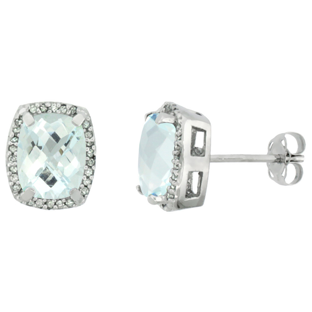 10K WHITE GOLD DIAMOND NATURAL AQUAMARINE EARRINGS OCTAGON CUSHION 8X6 MM